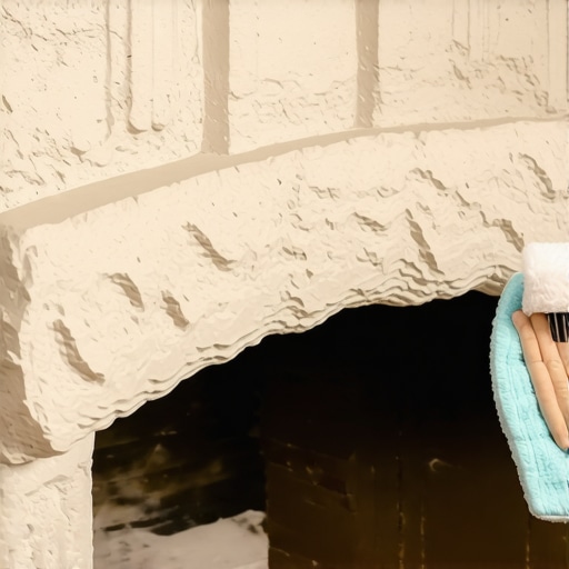 Person cleaning a limestone fireplace with microfiber cloth and brush to remove brick dust.