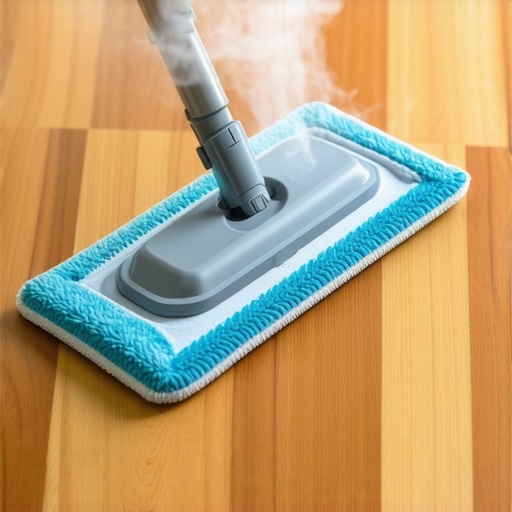 Effective Home Cleaning Tools Microfiber steam mop in action on wooden floor.