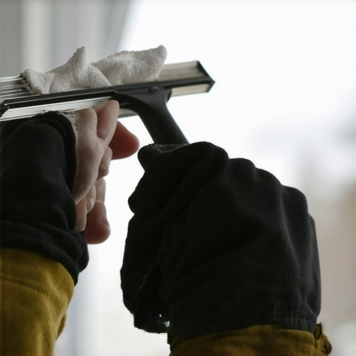 Hands cleaning a window with squeegee and microfiber cloth