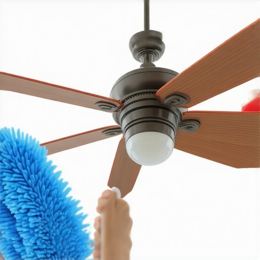 Person using a microfiber cloth and duster to clean ceiling fan blades in a well-lit home environment