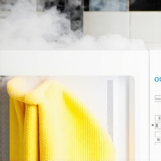 Person wiping microwave interior with microfiber cloth after steam cleaning