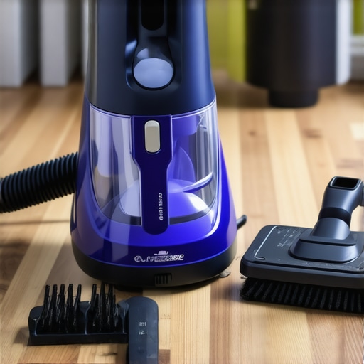 A close-up of a steam cleaner with various attachments on a clean, organized shelf