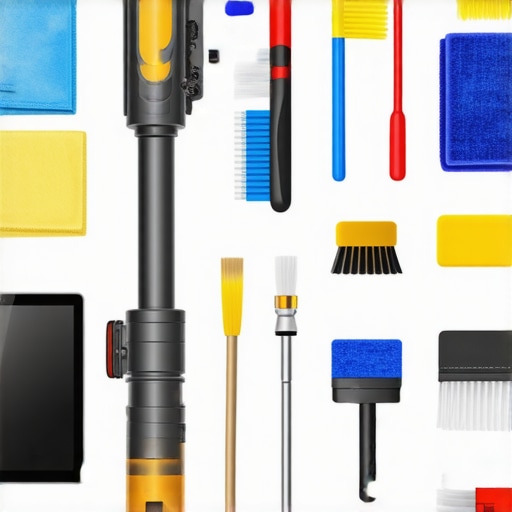 Organized home cleaning tools including a vacuum, microfiber cloths, and a tablet displaying a cleaning schedule.