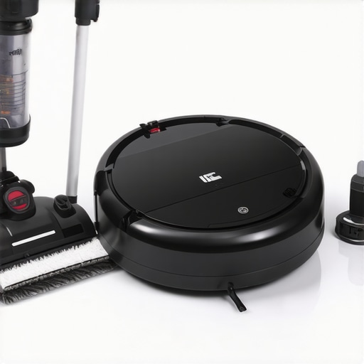 A set of professional cleaning tools including a HEPA vacuum, microfiber mop, and robotic vacuum cleaner neatly arranged.