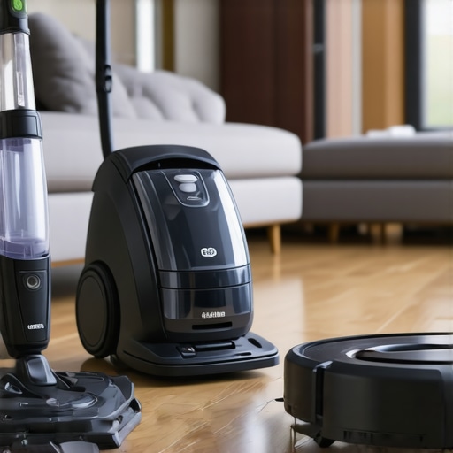 Collection of advanced home cleaning equipment including steam cleaner, HEPA vacuum, and robot vacuum in a modern living room.
