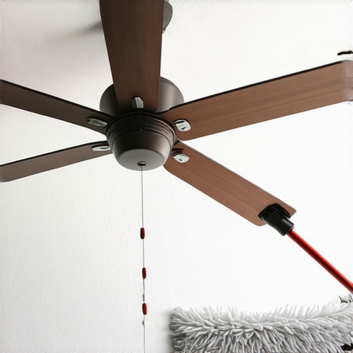 From Ground to Fan: Safer Ceiling Fan Cleaning A microfiber duster attached to an extension pole cleaning ceiling fan blades from the ground.