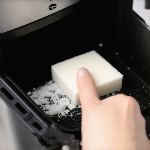 Person cleaning an air fryer basket with a sponge and baking soda, emphasizing gentle cleaning techniques.