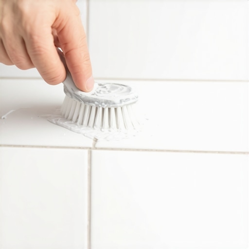 Person carefully cleaning grout lines with a soft brush and homemade cleaning paste in a bathroom.