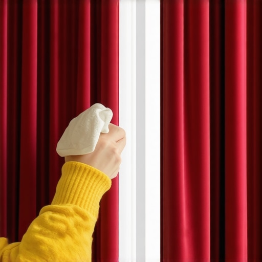 Person using a microfiber cloth to clean velvet curtains with a soft brush