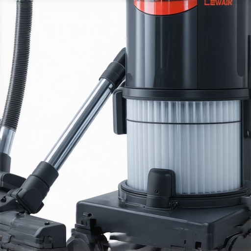 person cleaning HEPA filter of a vacuum cleaner in a professional cleaning environment.