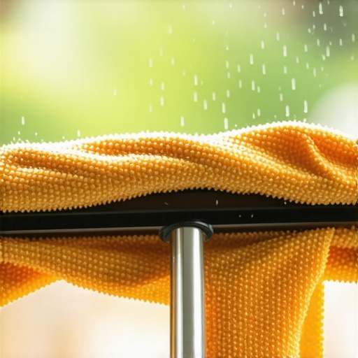 Close-up of microfiber cloth and squeegee cleaning a window with bright natural light.