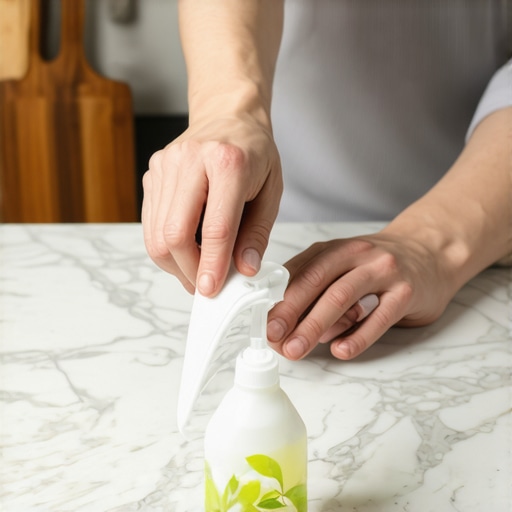 A person applying natural cleaning solutions on a marble countertop, illustrating eco-friendly cleaning techniques.