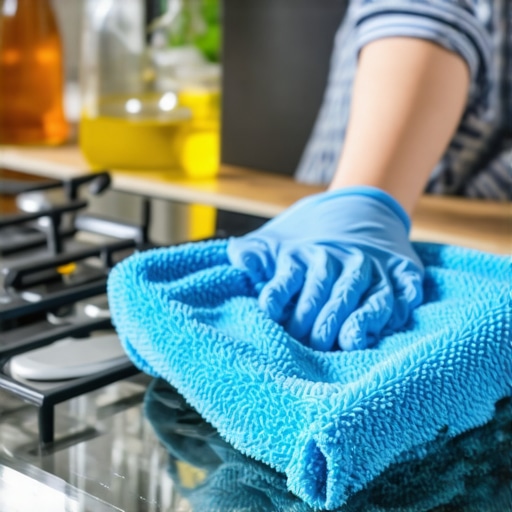 Cleaning a shiny glass stovetop with microfiber cloth and natural cleaners