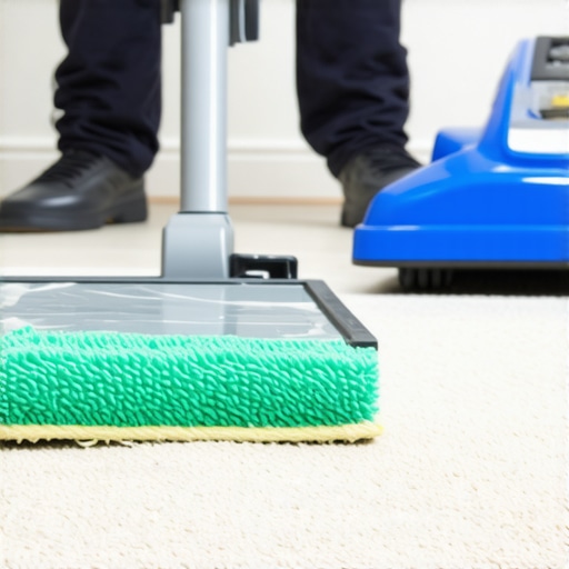 Close-up of microfiber pads and water spray during professional carpet cleaning.