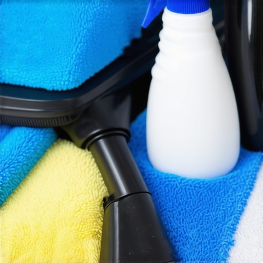 Professional Cleaning Tools for Deep Maintenance A collection of high-quality microfiber cloths, a commercial vacuum, and a spray bottle arranged neatly for cleaning.