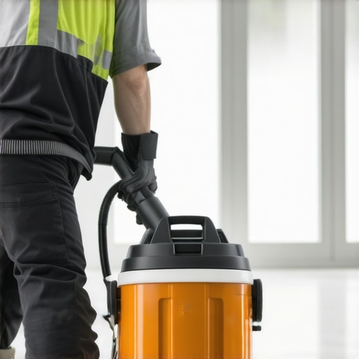 Technician vacuuming dust from construction site with HEPA-filter vacuum.