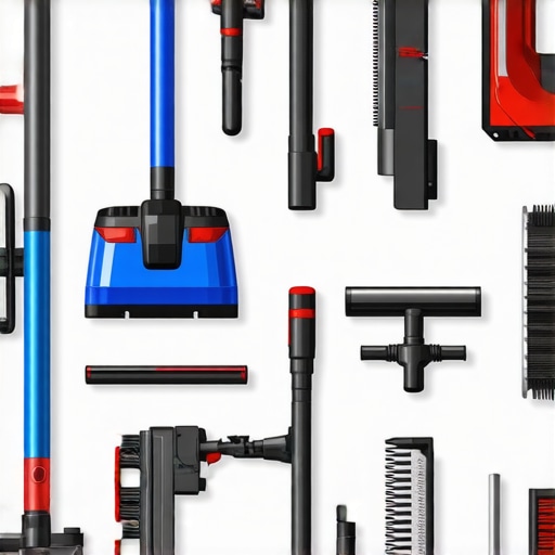 A collection of high-end vacuum, steam cleaner, and accessories arranged on shelves for house cleaning excellence.
