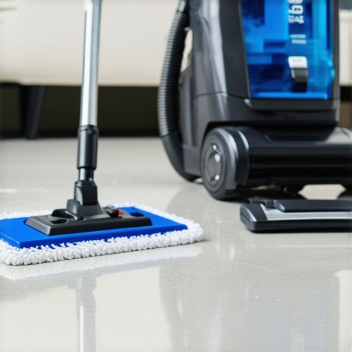 Microfiber mop and vacuum cleaner prepared for effective house cleaning.