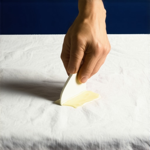 Hand scraping candle wax from linen tablecloth with plastic tool.