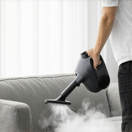 Person steaming a microfiber sofa to eliminate pet odors