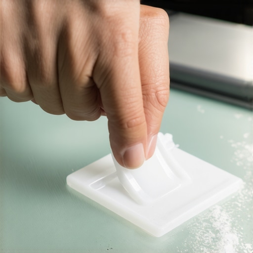 Hand gently scraping adhesive residue from glass with a plastic tool