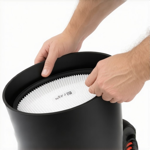 Person replacing a vacuum filter to improve air flow and dust containment.