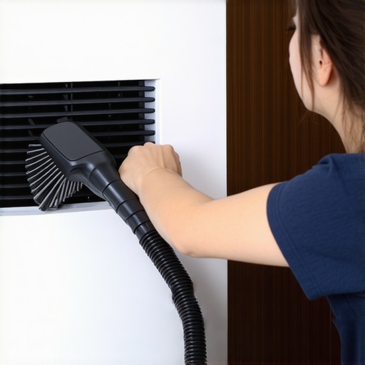 A homeowner vacuuming and scrubbing a ceiling air vent during cleaning.