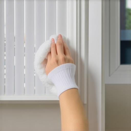 Close up of a hand using a sock to clean both sides of a vertical blind slat simultaneously.