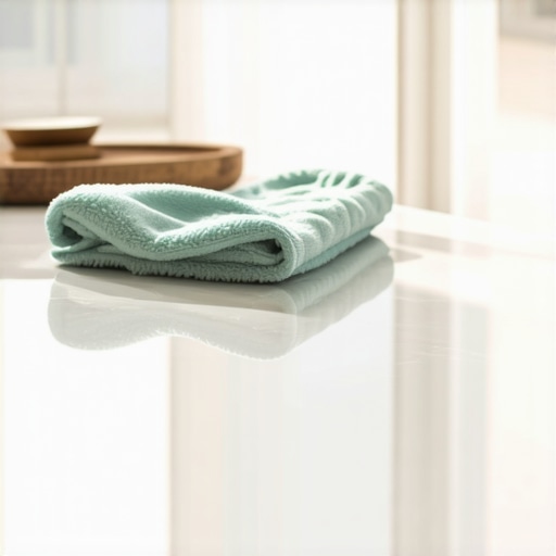 A person using a microfiber cloth to clean a high-end stone countertop.