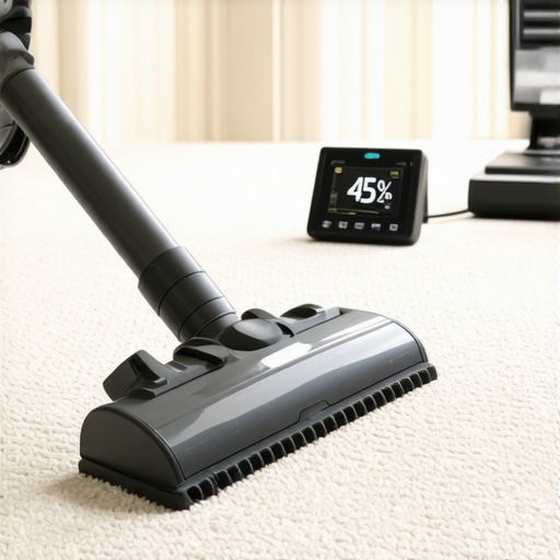 A professional HEPA vacuum and a digital humidity monitor on a carpeted floor.
