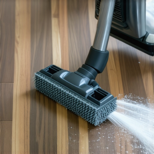 Professional vacuum attachment and brush removing fine white dust from hardwood floor crevices.