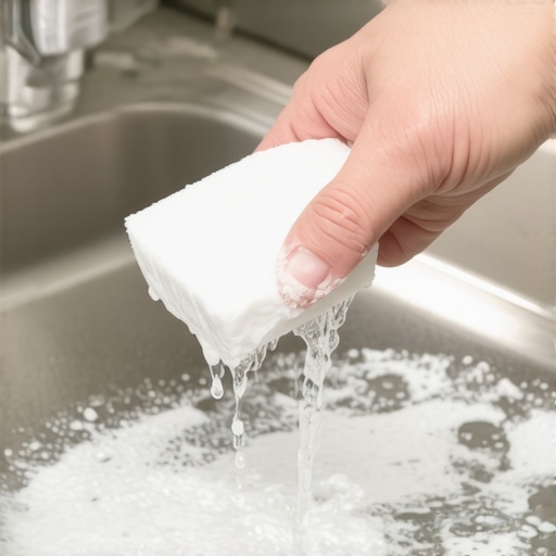 A close up of a hand using a sponge to clean a stainless steel sink with baking soda paste.