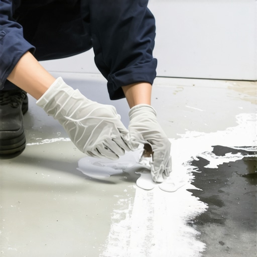Applying homemade poultice paste over a garage floor grease stain