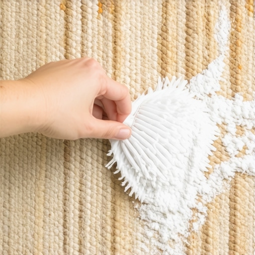 Close up of cleaning a sisal rug with dry powder and a soft brush