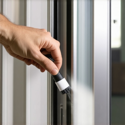 Close-up of a hand applying dry silicone spray to a sliding door track to prevent dust build-up.