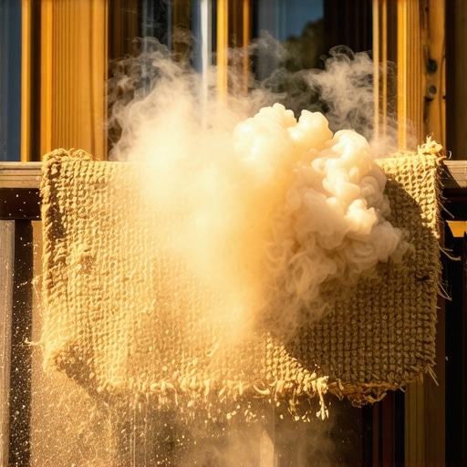 Man hitting a doormat with a broom handle to remove trapped dirt and dust