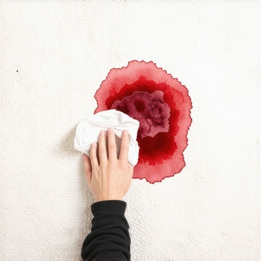 Blotting a red wine stain on wool carpet Hand using a white cloth to blot red wine from a white wool rug