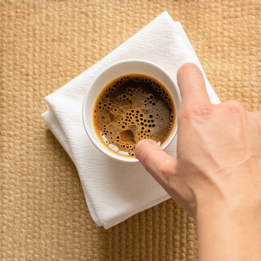 Close up of hand blotting liquid spill on natural sisal fiber rug with white paper towel