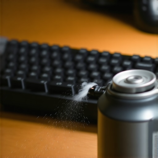 A person uses a can of compressed air to remove dust and crumbs from between the keys of a computer keyboard.