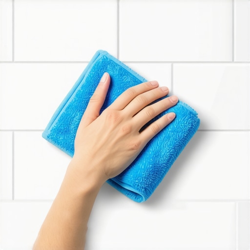 Close-up of a person buffing white subway tiles to a high shine using a microfiber cloth.