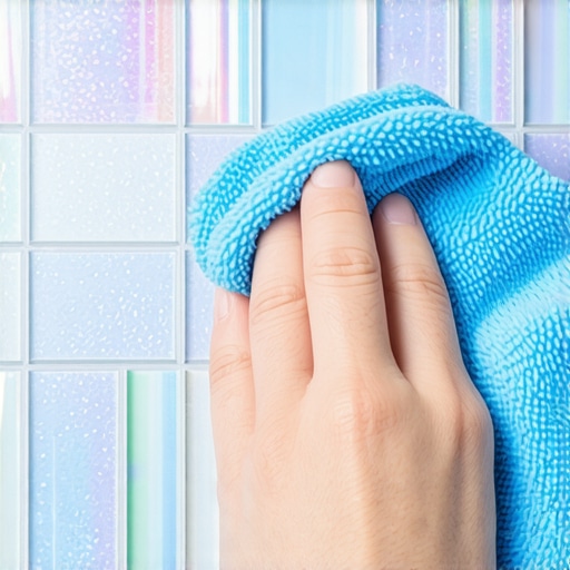 A person using a microfiber cloth to clean cloudy grout residue from a glass mosaic backsplash