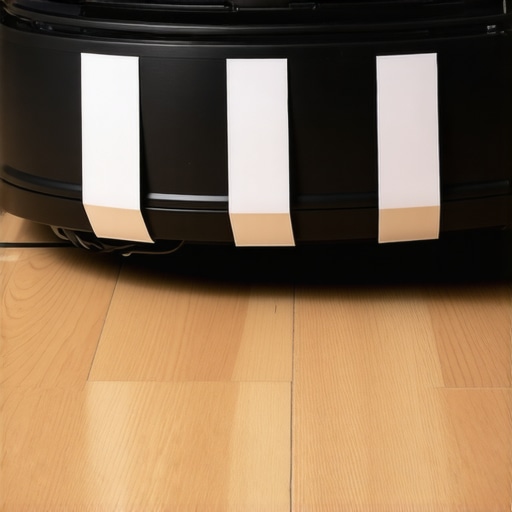 Underneath a robot vacuum showing taped-over cliff sensors to prevent sticking on thick carpets