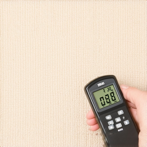 Professional moisture meter testing carpet saturation to prevent wicking and mold.