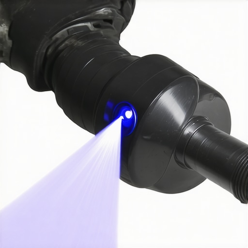 A close up of a person inspecting a vacuum hose for clogs with a flashlight.