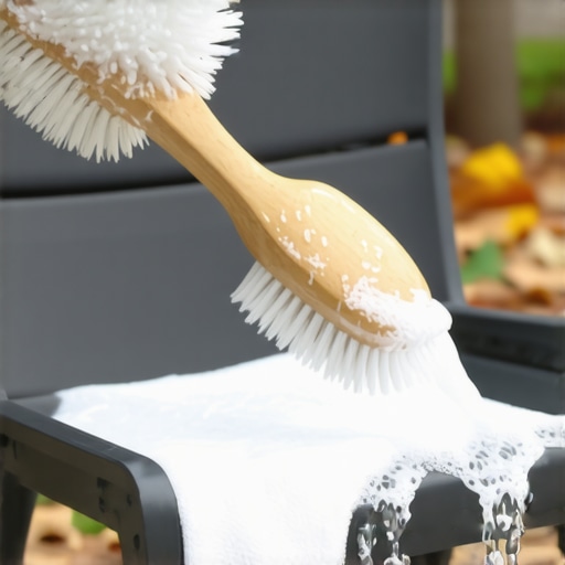 A person scrubbing a metal chair with soap and water to prepare for winter storage.