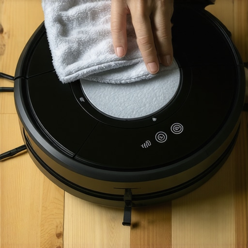 Close-up of hand cleaning robot vacuum sensors with a microfiber cloth