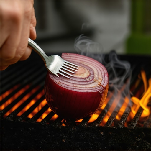 A person using a half onion on a fork to steam clean a hot barbecue grill grate.