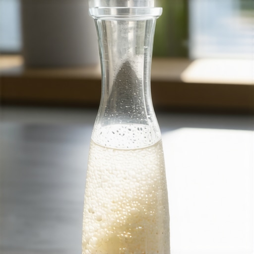 A demonstration of using rice and vinegar to scrub the inside of a narrow glass vase.