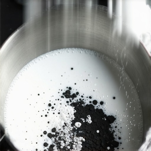 Baking soda and boiling water lifting burnt milk from the bottom of a stainless steel saucepan.
