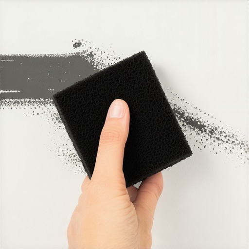 Dry sponge removing black soot from a painted wall
